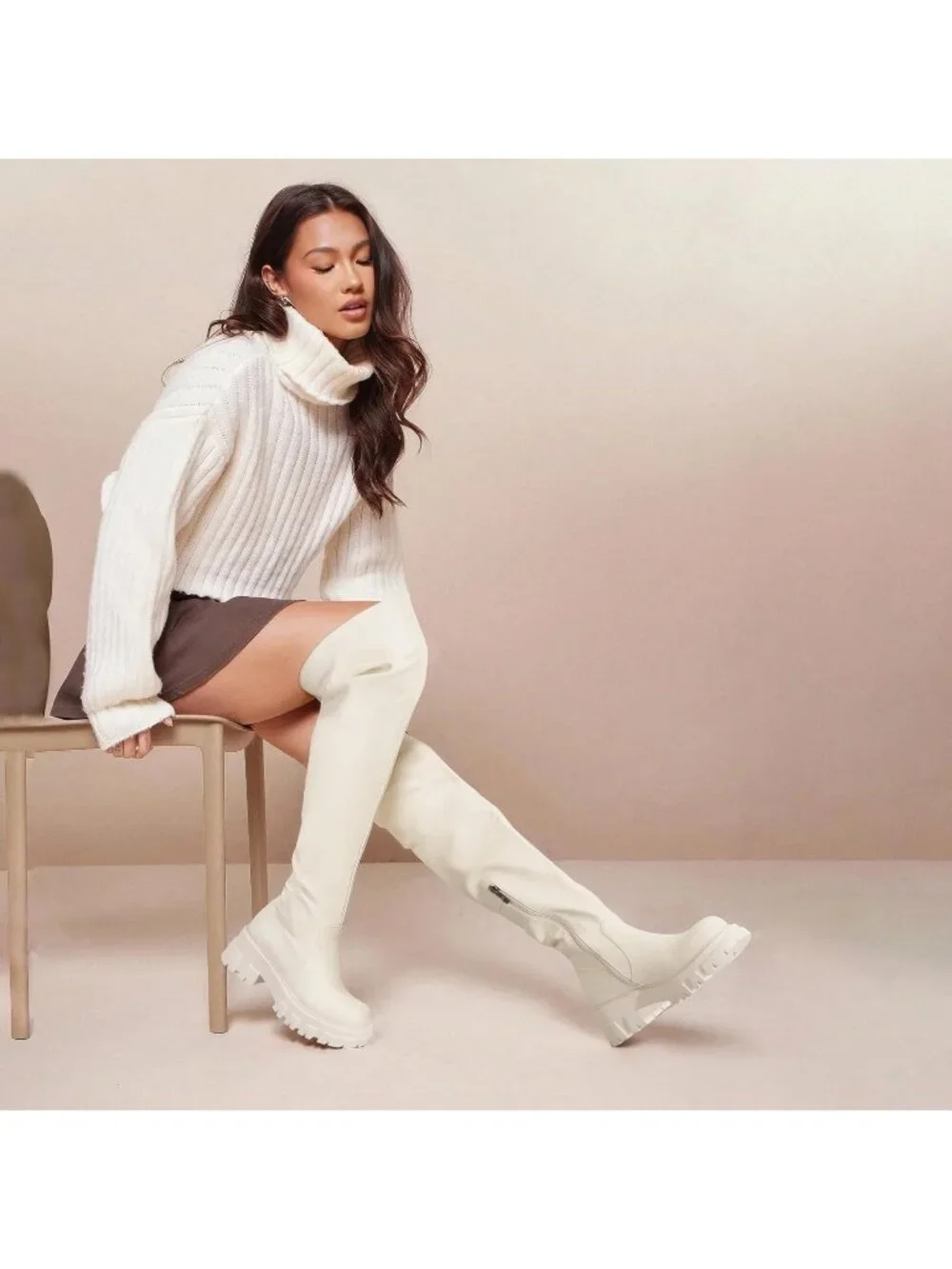 Women's Beige Platform Slouch Lug Sole Low Chunky Heel Over The Knee High Boots